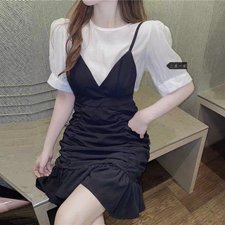 SET trang phục teen hotgirl ullzang áo somi kiểu yếm váy đầm 2 dây đen trắng đẹp xinh giá rẻ