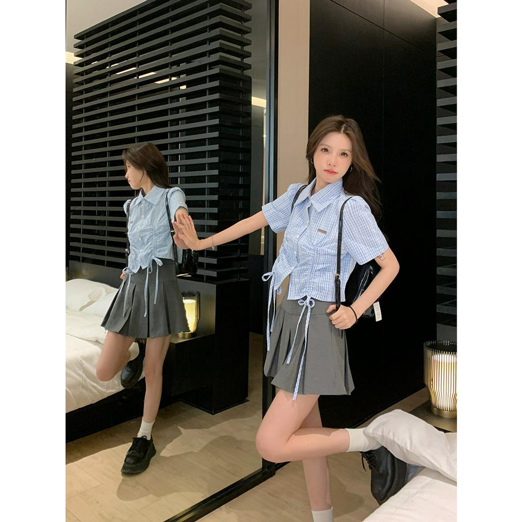 「 WELOVE1 」Áo Sơ Mi Ngắn Tay Dây Rút Họa Tiết Caro Xanh Dương Thời Trang Hàn Quốc Cho Nữ