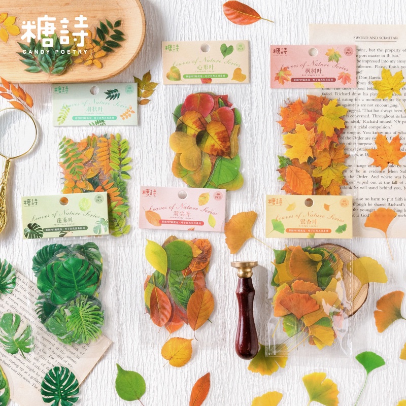 Set 40 Miếng Dán Hình Lá Mùa Thu Dùng Trang Trí Sổ Tay / Nhật Ký / Sổ Tay Diy