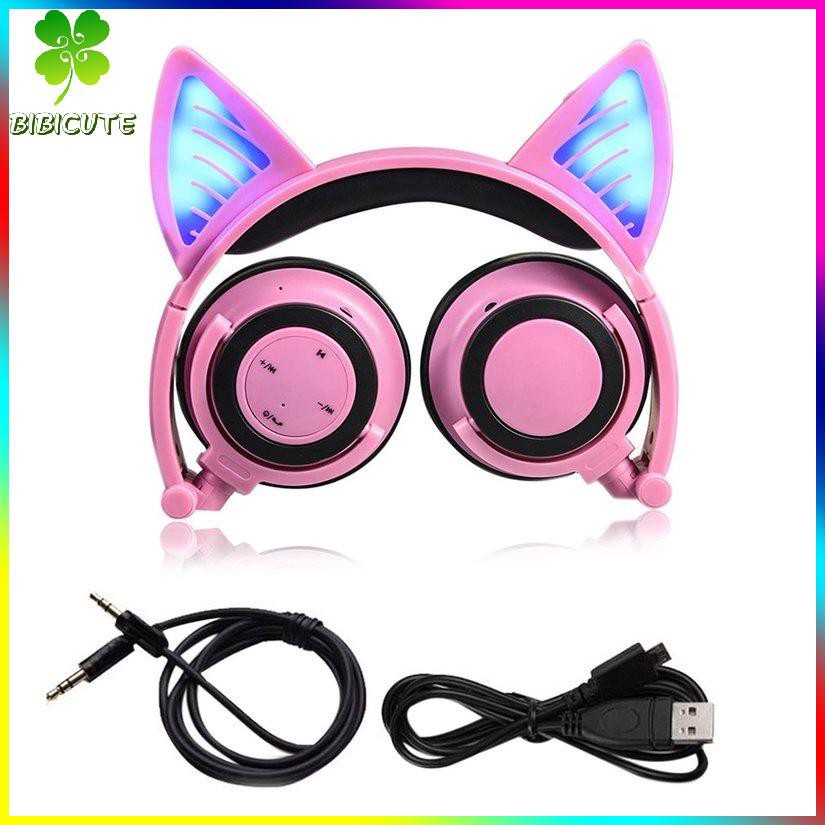 Tai Nghe Chụp Tai Không Dây Hình Tai Mèo Có Thể Gấp Gọn Kèm Mic