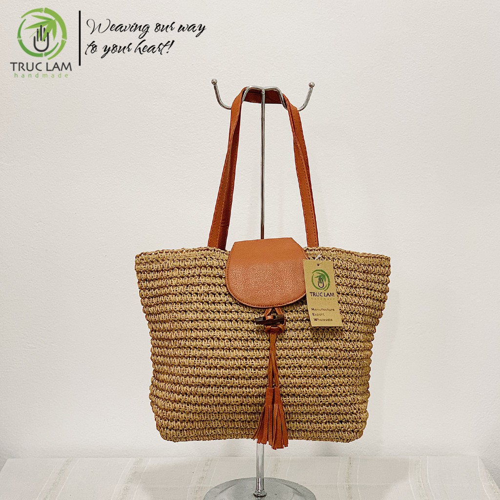 Túi Cói Tote Thời Trang Nữ Quai Và Nắp Da Trang Trí Quả Tua Rua – Trúc Lâm Handmade