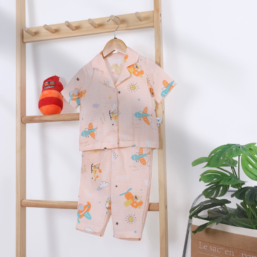 Pyjama bé trai bé gái tay ngắn quần dài vải xô tre Áo Lá Homewear XONT22, đồ bộ xô bé trai