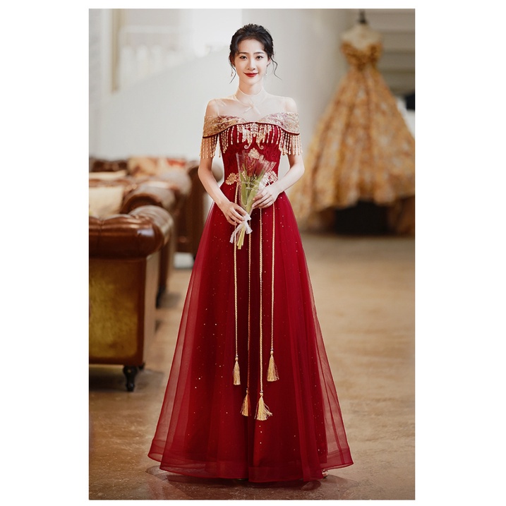 Đầm Dự Tiệc Dáng Dài Màu Đỏ Phong Cách Trung Hoa Mới
