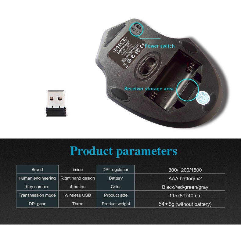 CHUỘT KHÔNG DÂY IMICE E 1800 -CÓ CÔNG TẮC - WILESS USB - 4 NÚT