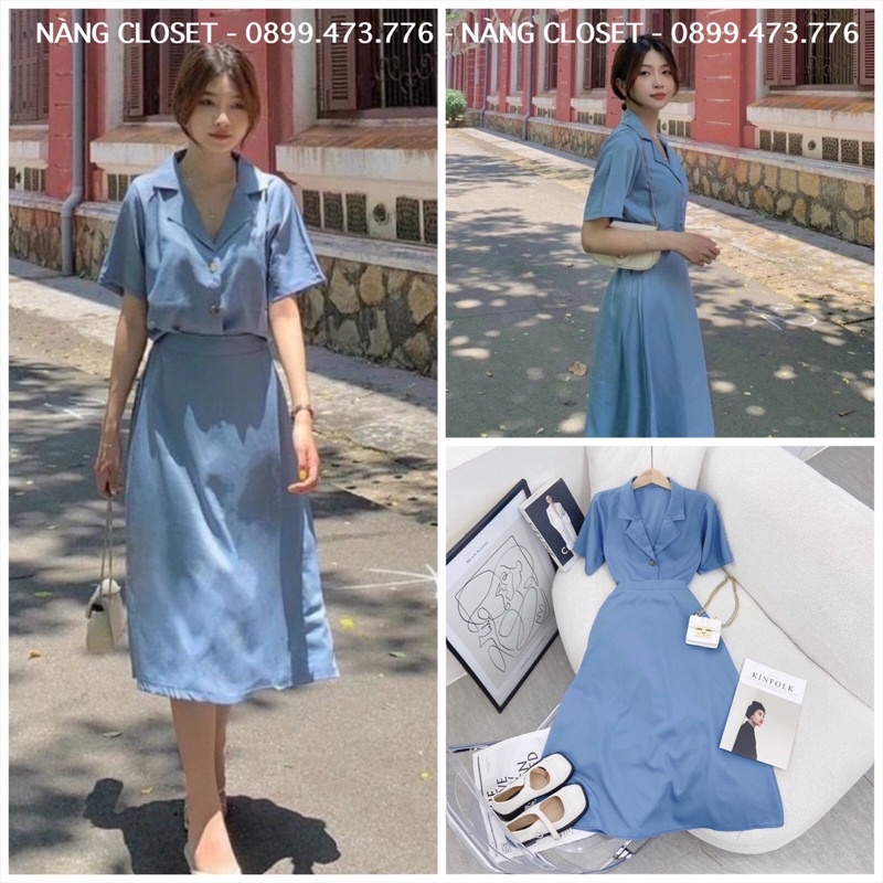 Set Áo cổ vest kèm Chân Váy midi màu xanh NÀNG CLOSET
