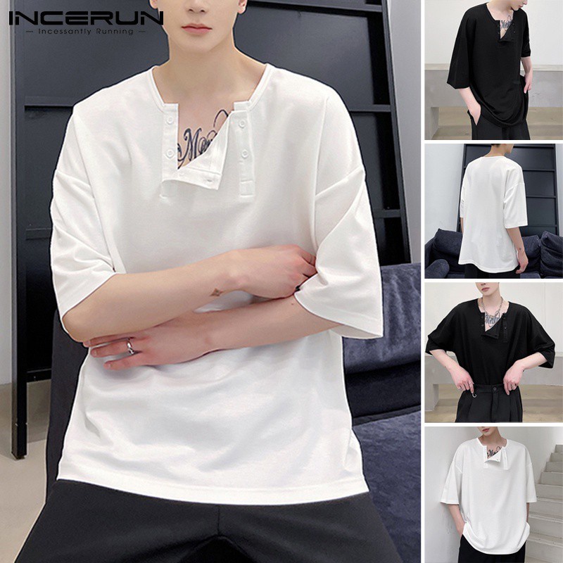 Áo INCERUN tay ngắn màu trơn dáng rộng thời trang dành cho nam