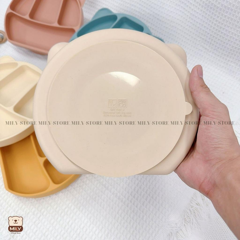 Khay ăn dặm chính hãng Mily 4 ngăn hình tai gấu có đế hít chống đổ làm từ silicon.