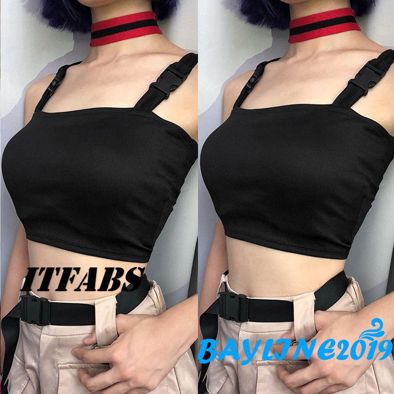 Áo thun crop top ôm sát hai dây phối khóa quyến rũ thời trang dành cho nữ