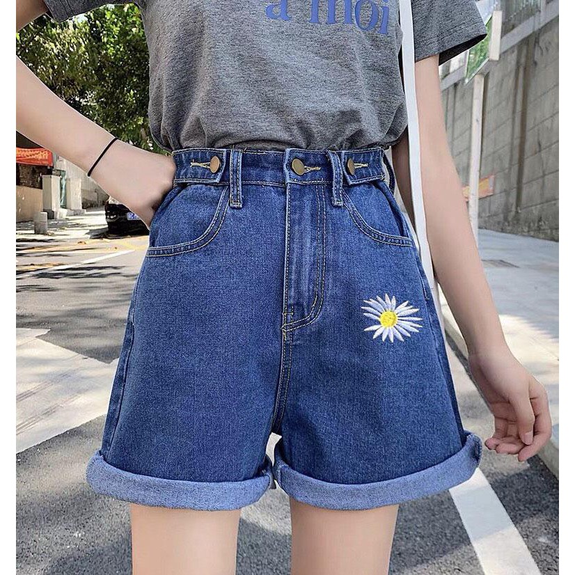 Quần short jean nữ ống rộng lưng cao, quần đùi bò kaki sắn gấu ulzzang C3