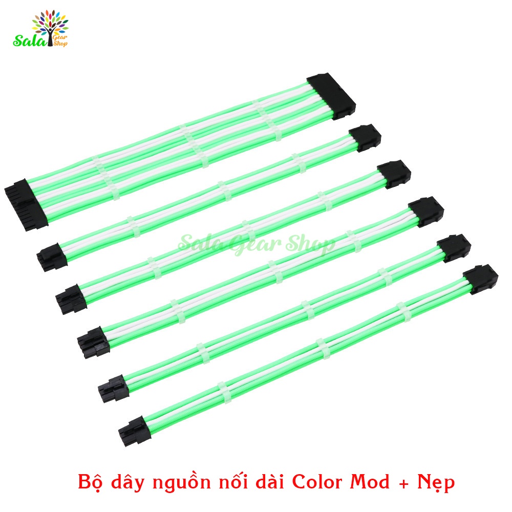 Dây nguồn bọc lưới nối dài Full Bộ (24Pin,x3 8Pin, x2 6Pin) Màu Trắng-Xanh