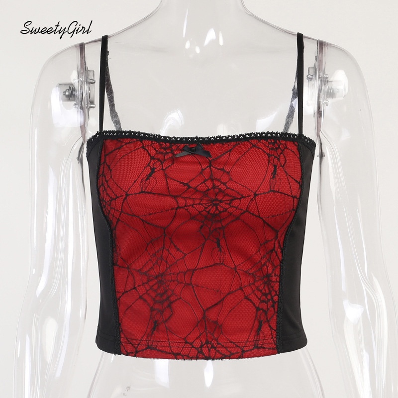 Áo Tank Top Dây Kéo Có Thể Điều Chỉnh Trang Trí Mạng Nhện Cho Nữ