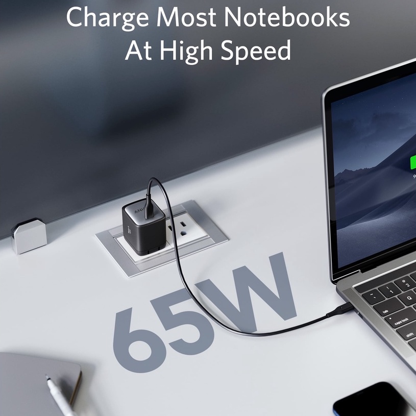 Sạc Anker 65w GaN A2663 Kèm Cáp C to C 100w A8856 Dài 1.8m Sạc Nhanh Điện Thoại Laptop Máy Tính Bảng