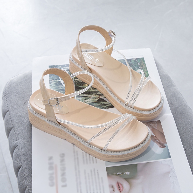 Giày Xăng Đan Đế Dày Đính Đá Thời Trang Cho Nữ