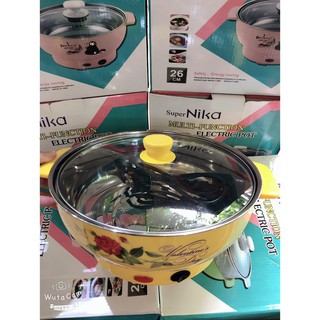 Nồi lẩu điện mini 28cm Nikai vung kính 1000W - Nồi lẩu đa năng gia đình 26cm siêu tốc BẢO HÀNH 12 THÁNG