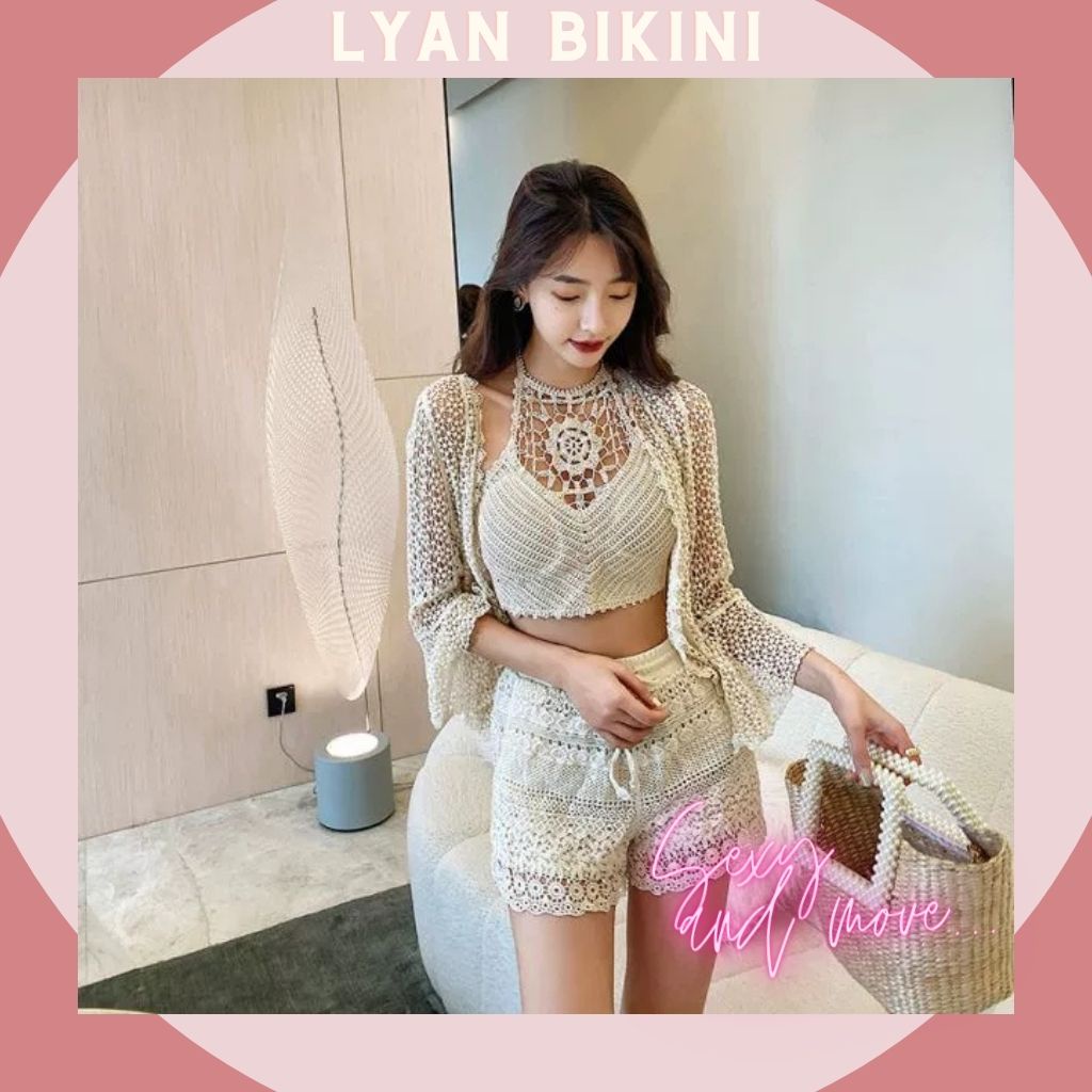 Bikini len móc, đồ bơi nữ 2 mảnh áo choàng len kín đáo cao cấp đi biển LYAN BIKINI B20