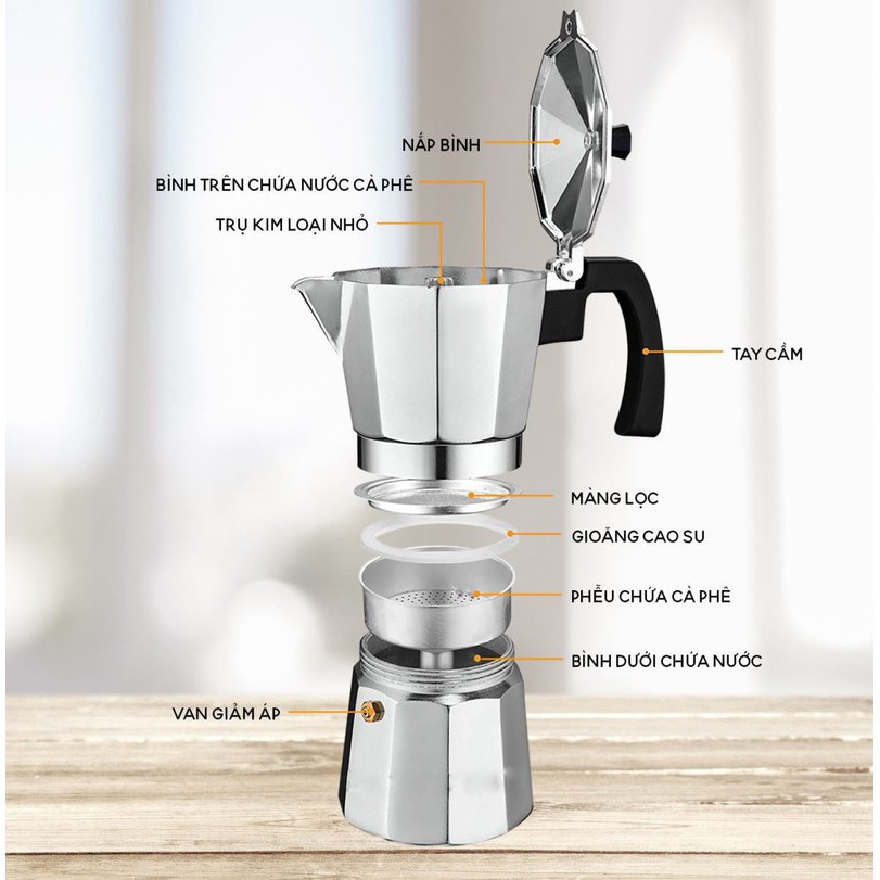 Bình pha caffe Moka Pot kiểu Ý / Ấm pha cafe Moka Pot kiểu Ý, Ấm pha cà phê moka Express 6 Cup 300ml