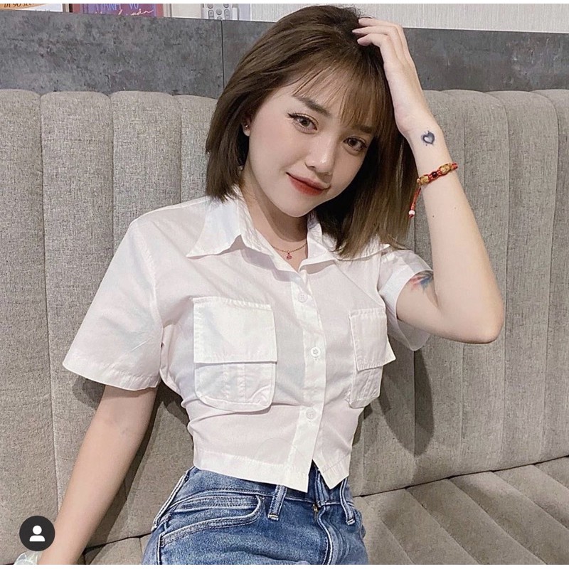Áo croptop sơ mi ôm body túi ngực gợi cảm - by SugarG