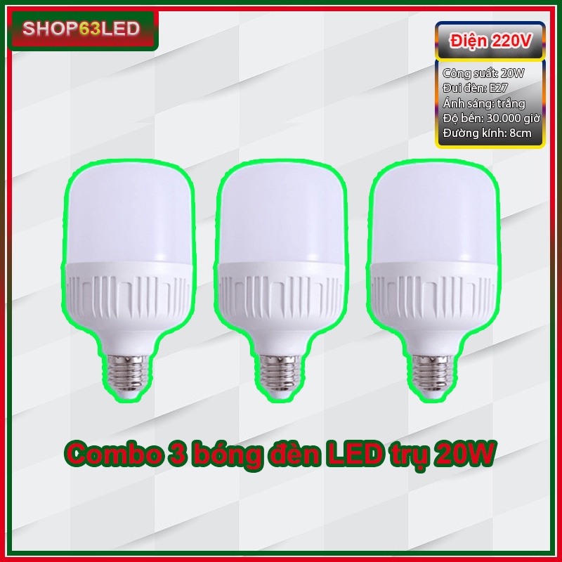 Combo 3 bóng đèn trụ tròn 20W - LED ánh sáng trắng (đường kính 8cm - siêu sáng - bảo hành 1 năm)