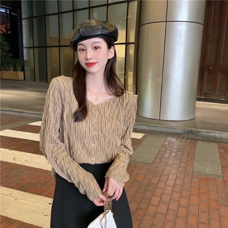 QKOOLE  Áo nữ tay dài cổ chữ V phong cách Hàn Quốc