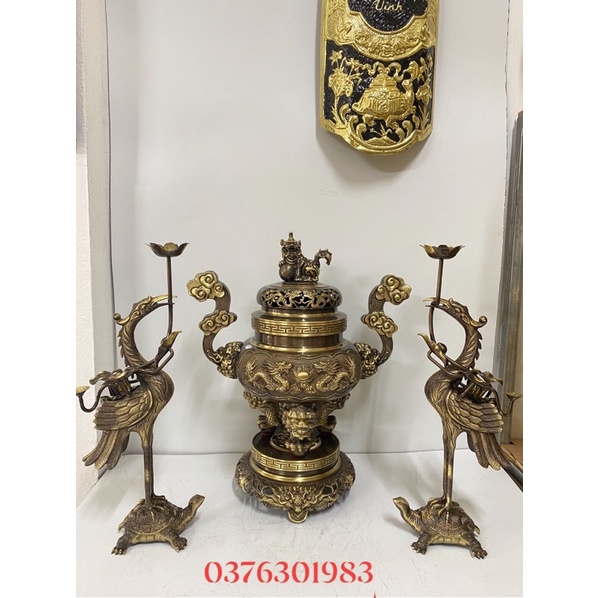 Bộ đỉnh thờ lư hương thờ cao 50cm ( 5 tấc) bằng đồng nguyên chất hun màu giả cổ sang trọng