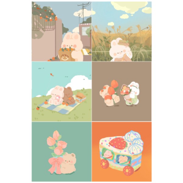 Postcard Tranh giấy dán tường trang trí decor phòng họa tiết gấu, thỏ đáng yêu kiểu Hàn