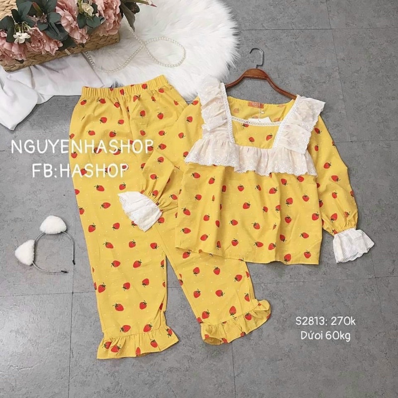 Bộ Đũi Xốp Tiểu Thư Cherry Phối Ren Tay Dài