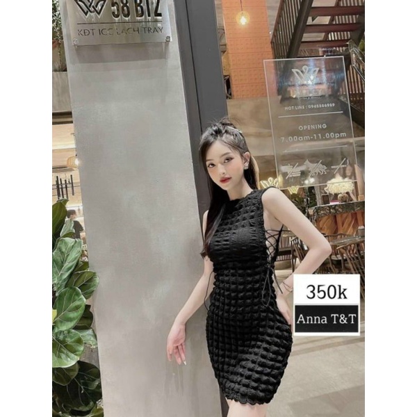 Đầm ôm ngắn xốp đan dây 2 bên