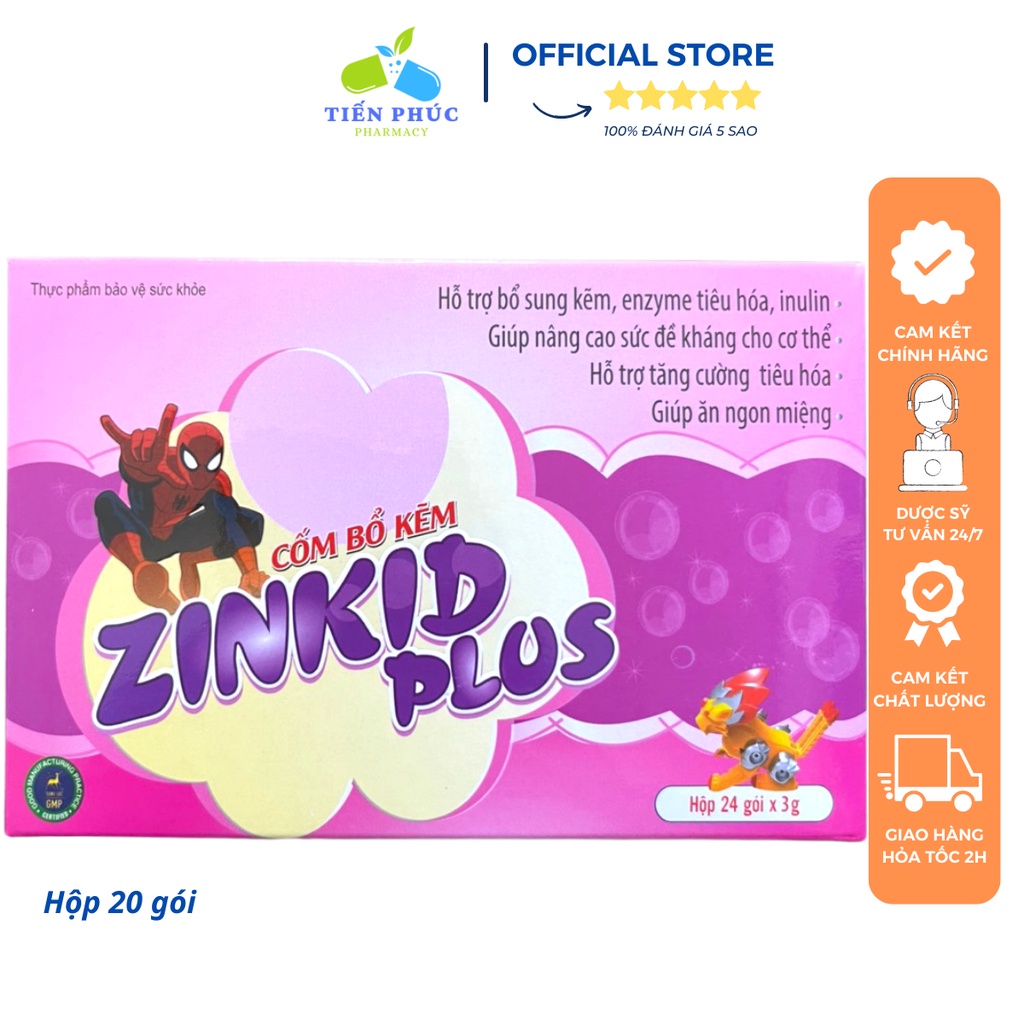 Cốm Zinkid plus - Bổ kẽm zinc cho bé, bổ sung kẽm giúp tăng hệ miễn dịch, đề kháng, hỗ trợ tăng cường tiêu hóa Hộp 24gói