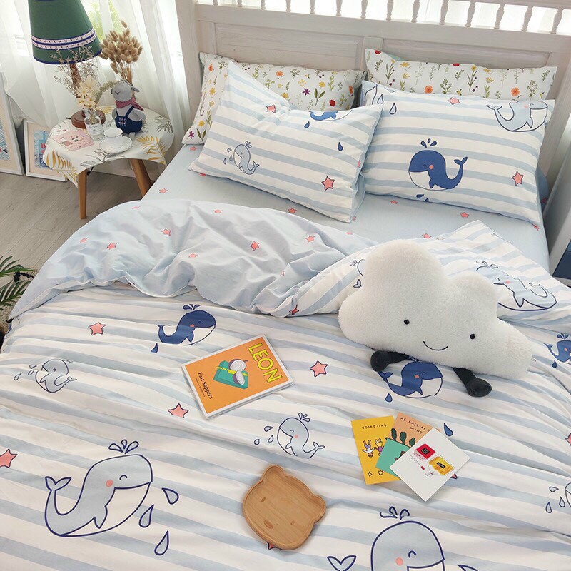 Bộ chăn ga poly Cotton 3D mẫu C.Á H.E.O XANH hàng nhập khẩu 4 món, đủ size