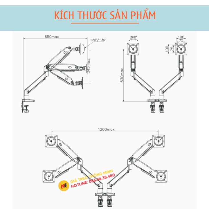 [Phiên Bản 2021] Giá Treo Hai Màn Hình NB F195A 22 - 32 Inch - Tay Treo Màn Hình Kép Gắn Bàn Đa Năng