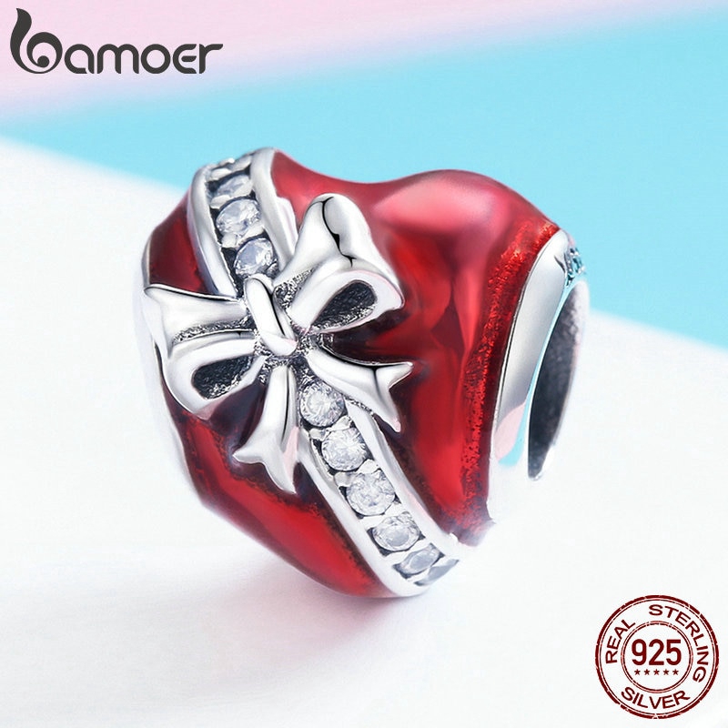 Hạt Phụ Kiện Bamoer Scc741 bạc 925 Hình Trái Tim Thắt Nơ Dùng Trang Trí Vòng Tay Tự Làm