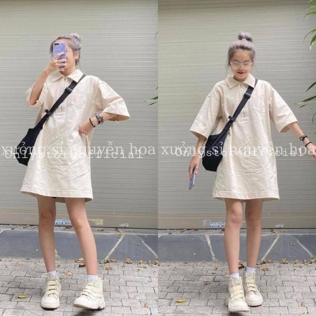 Váy polo nữ dáng suông màu be form rộng unisex tay lỡ cá tính Ulzzang chất su co dãn dày dặn Xưởng sỉ nguyễn hoa