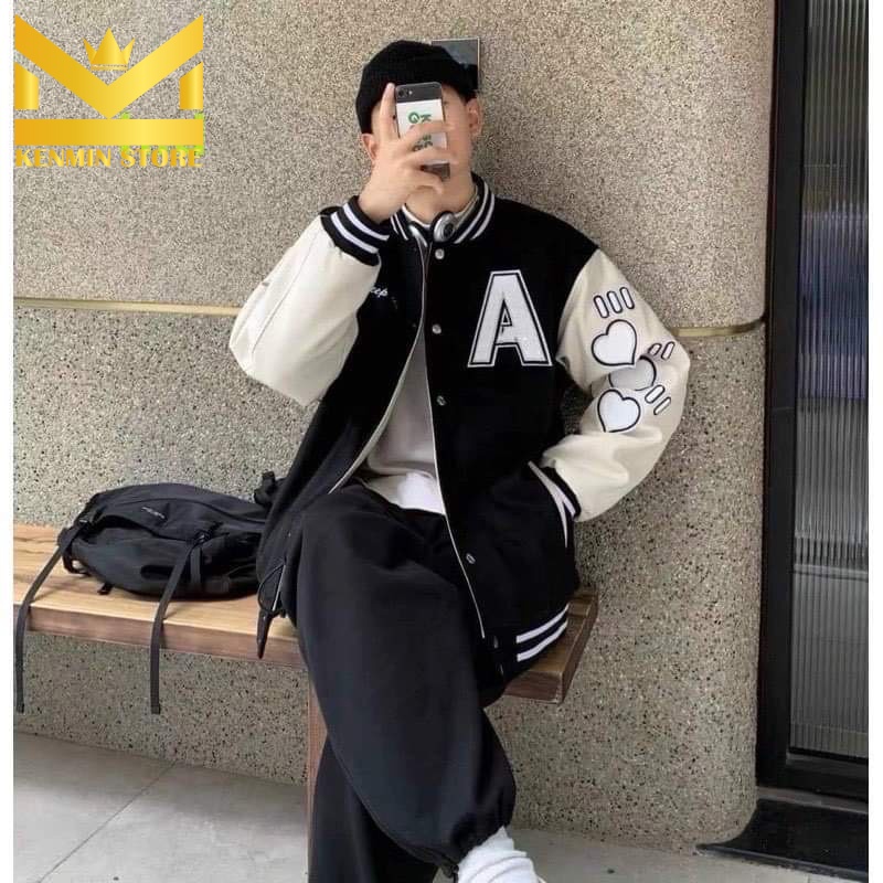 Áo Khoác Bomber Phối Tay Chữ A Gió Thu Đông Unisex - Áo Bomber Chữ Trước Ngực - Form Rộng Freesize Chuẩn Như Ảnh