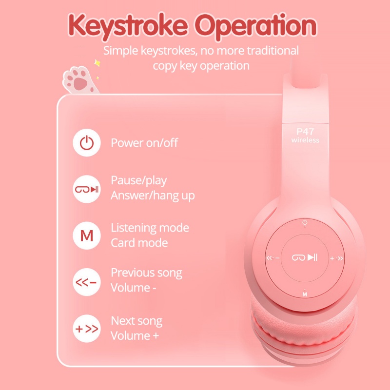 Tai Nghe Chụp Tai Không Dây HdoorLink P47 Hình Tai Mèo Có Micro Và Đèn Phát Sáng