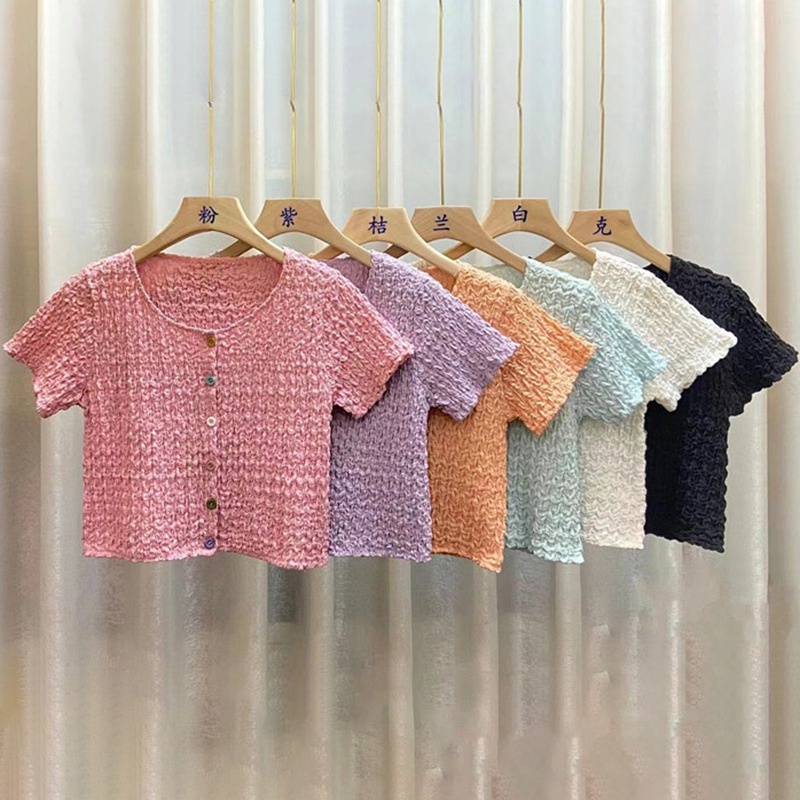 Áo Thun Croptop Tay Ngắn Dáng Ôm Đính Nút Nhiều Màu Kiểu Hàn Quốc Dễ Thương