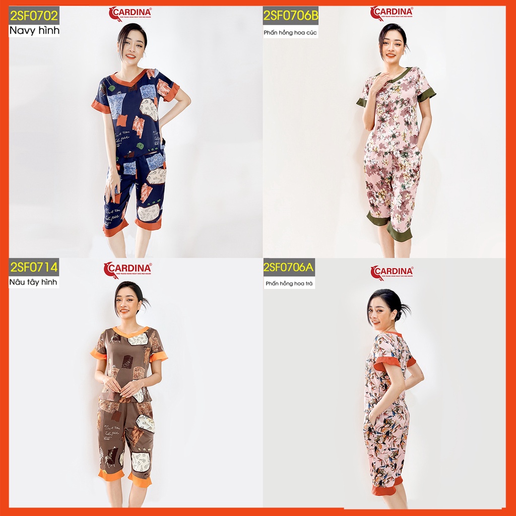 Đồ Bộ Nữ CARDINA Chất Lụa Satin Nhật Cao Cấp Áo Cộc Tay Quần Lửng Họa Tiết Độc Đáo 2SF07