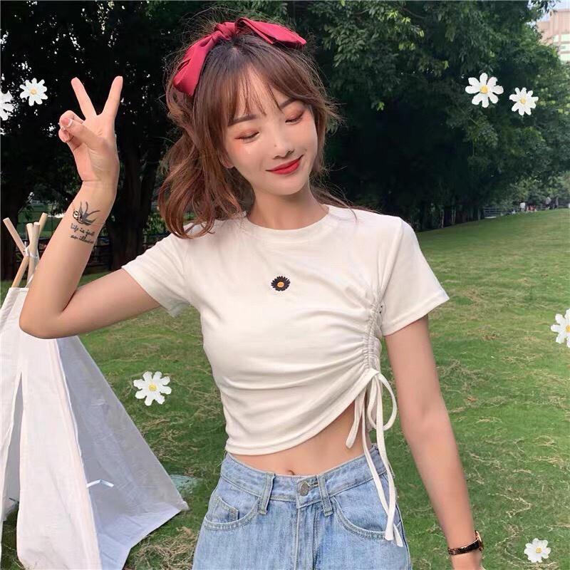 Áo croptop rút dây  một bên cao cấp thêu hoa cúc  siêu xinh 🤩