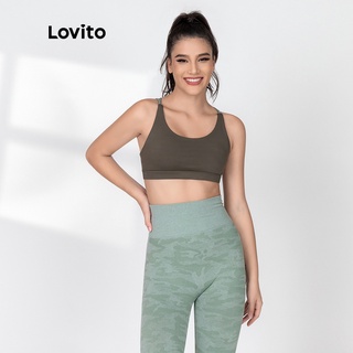 Áo ngực thể thao Lovito có miếng đệm ngực thiết kế đan dây chéo sau lưng màu trơn nhanh khô L06014 (màu xanh lá đậm)