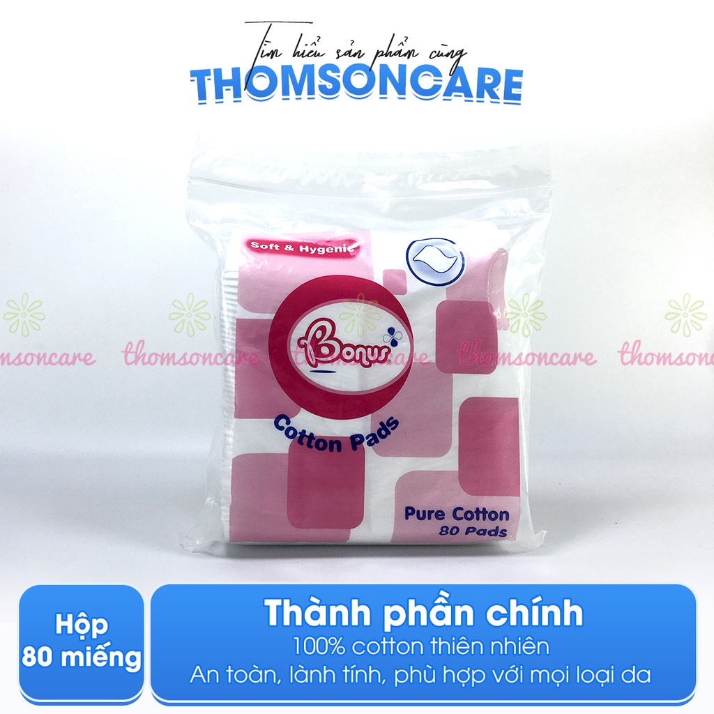 Bông tẩy trang Bonus gói 80 miếng vuông từ Thái Lan Pure Cotton Pads từ bông gòn tự nhiên