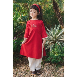 Aó dài linen đỏ thêu tay