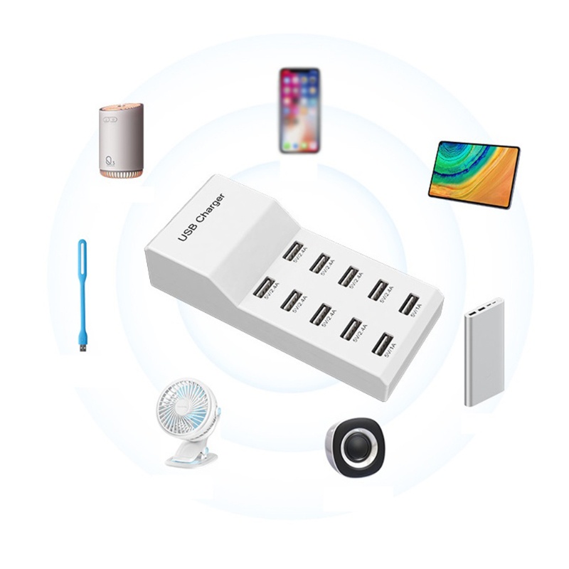 Adapter Sạc Nhanh 10 Cổng USB 5V 2 4A 1A Cho Điện Thoại Android PC