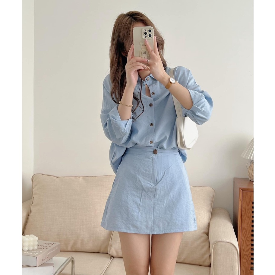 Set Sơ Mi Tay Dài Kèm Chân Váy Nhiều Màu Chất Đũi Thoáng Mát, Labibi