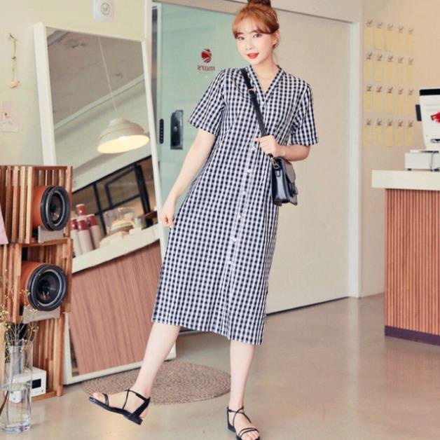 X2 Đầm dáng suông sọc caro đen trắng họa tiết cách điệu cổ V tay ngắn (kèm hình thật) tasa