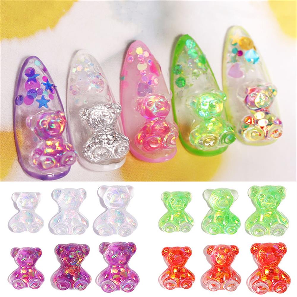 Bộ 3 Phụ Kiện Trang Trí Móng Tay Hình Gấu 3D Lấp Lánh Dễ Thương|Đá Đính Trang Trí Móng Tay Nhiều Màu Sắc
