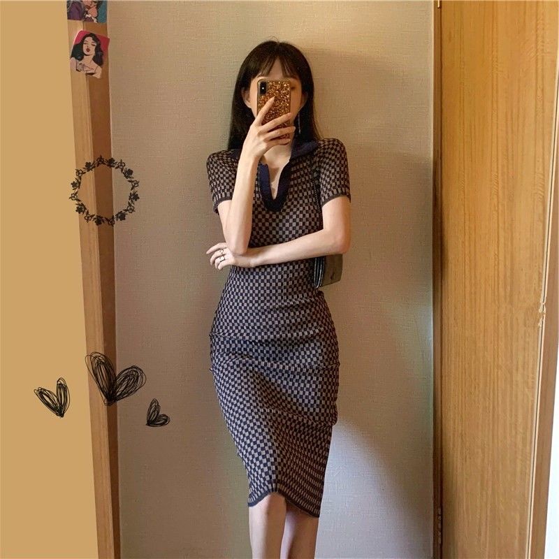 Đầm Dệt Kim Cổ polo Dáng Dài Ôm Thời Trang Sang Trọng Cho Nữ