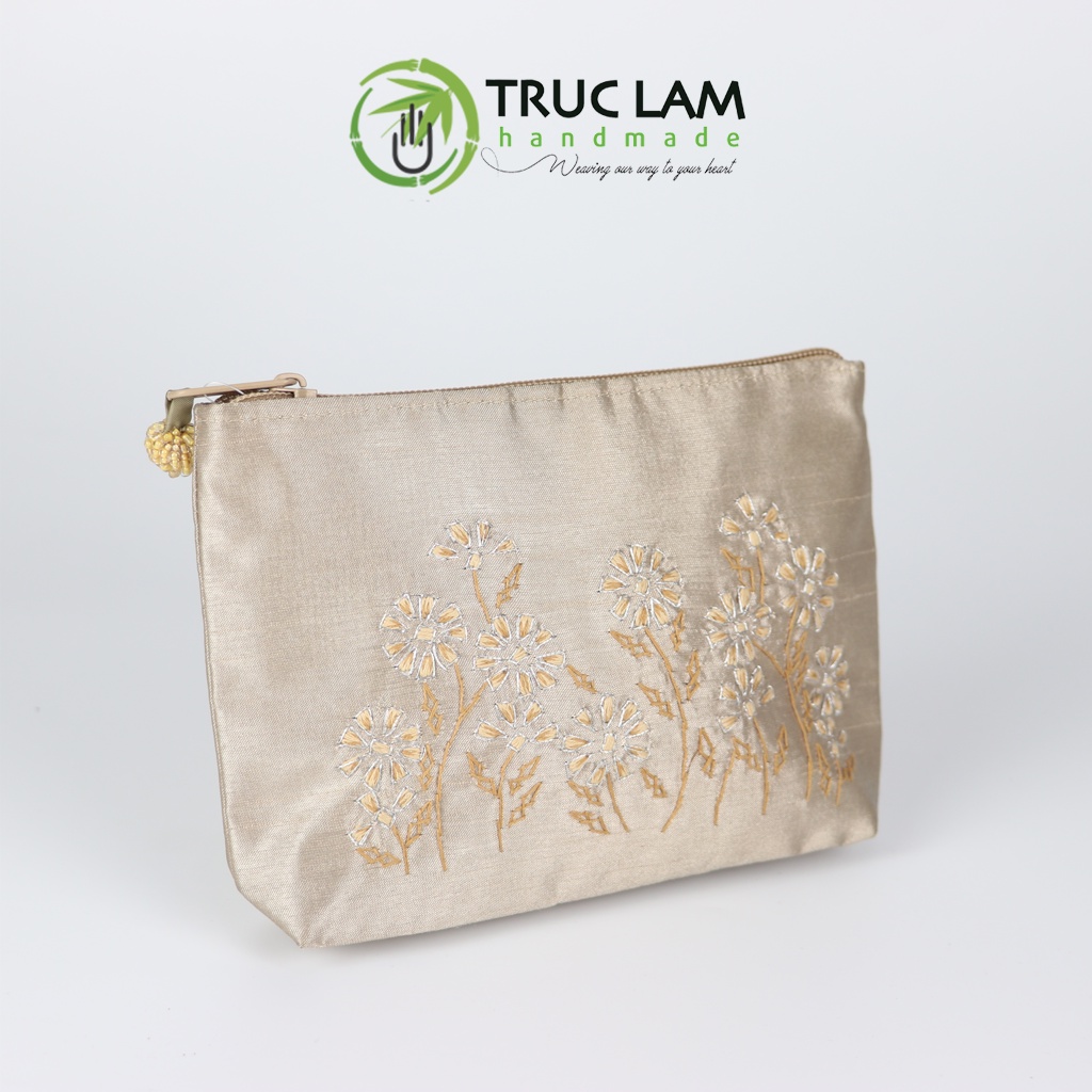 Ví Cầm Tay Túi Đựng Vải Tafta Họa Tiết Hoa Cỏ Kim Tuyến Thêu Tay - Trúc Lâm Handmade