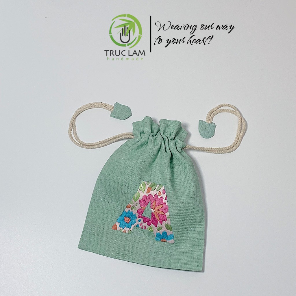 Túi Dây Rút Thêu Tay Họa Tiết Chữ Cái A Phối Hoa Văn Nhiều Màu Sắc - Trúc Lâm Handmade