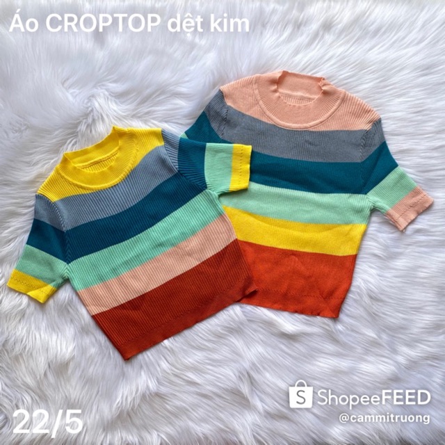 Áo Croptop 🌈 Quảng Châu dệt kim tay ngắn màu sắc cầu vồng, có video