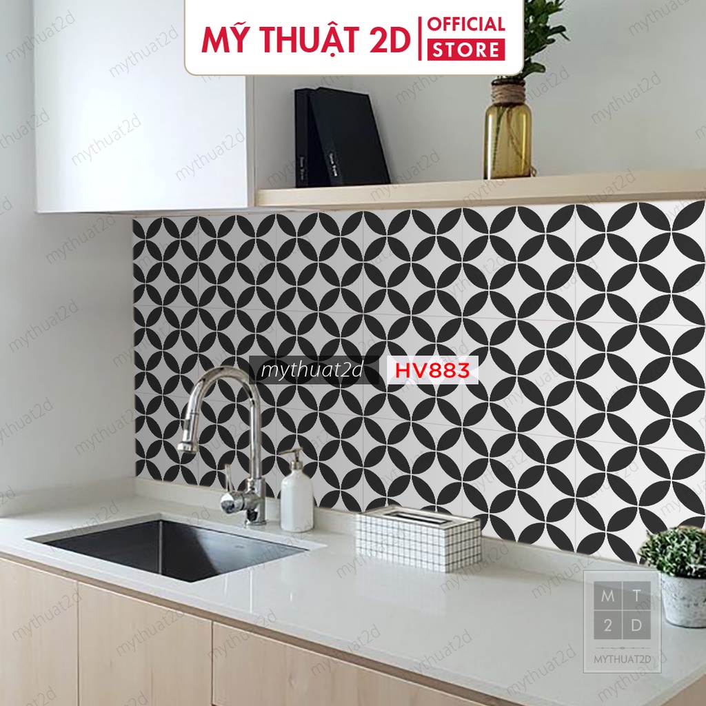 Decal gạch bông dán bếp dán tường mẫu LA4CANH màu đen trắng