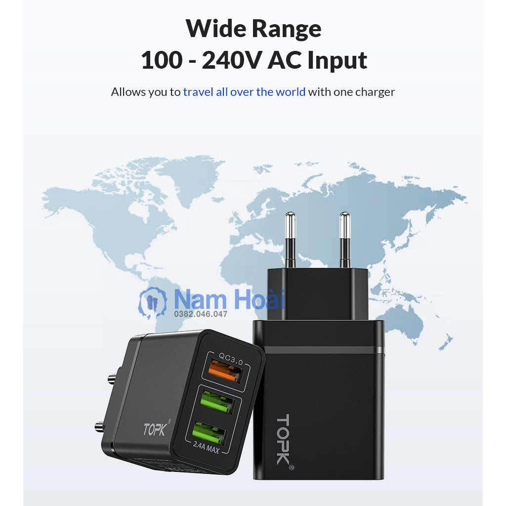 Cốc Sạc Nhanh QC 3.0 CHÍNH HÃNG TOPK B348Q 3 Cổng USB 3.0 Tiện Dụng Chất Lượng Cao